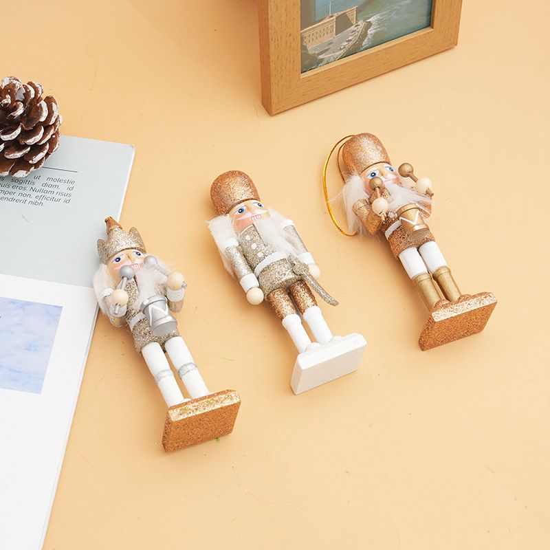 5-Piece Christmas Nutcracker Ornaments Set - 13cm Gold Glitter Wooden Puppet Hanging Decorations with Gift Box - Festive Holiday Tree Pendant for Home Party Decoration