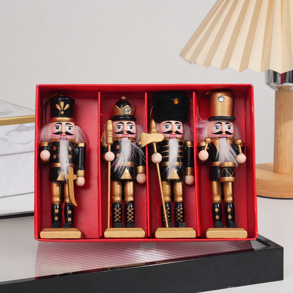 4-Piece Christmas Nutcracker Soldier Set - 12.5cm Wooden Puppet Ornaments with Gift Box - Classic Black 5807