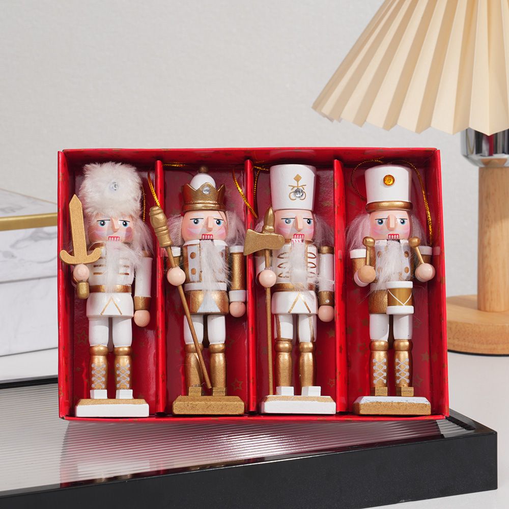 4-Piece Christmas Nutcracker Soldier Set - 12.5cm Wooden Puppet Ornaments with Gift Box - Gold 5810