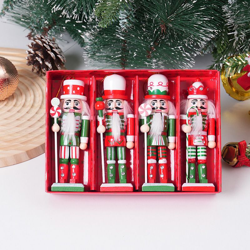 4-Piece Christmas Nutcracker Soldier Set - 12.5cm Wooden Puppet Ornaments with Gift Box - Green 5812
