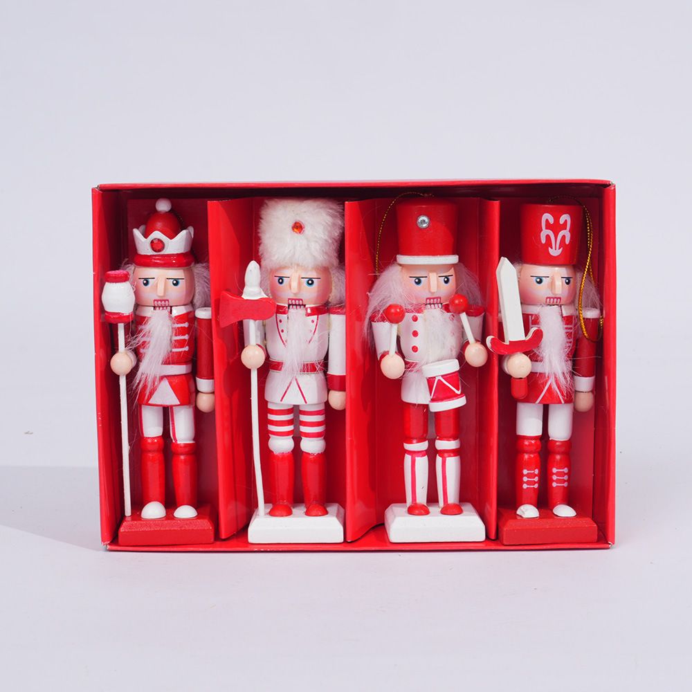 4-Piece Christmas Nutcracker Soldier Set - 12.5cm Wooden Puppet Ornaments with Gift Box - Red 5826