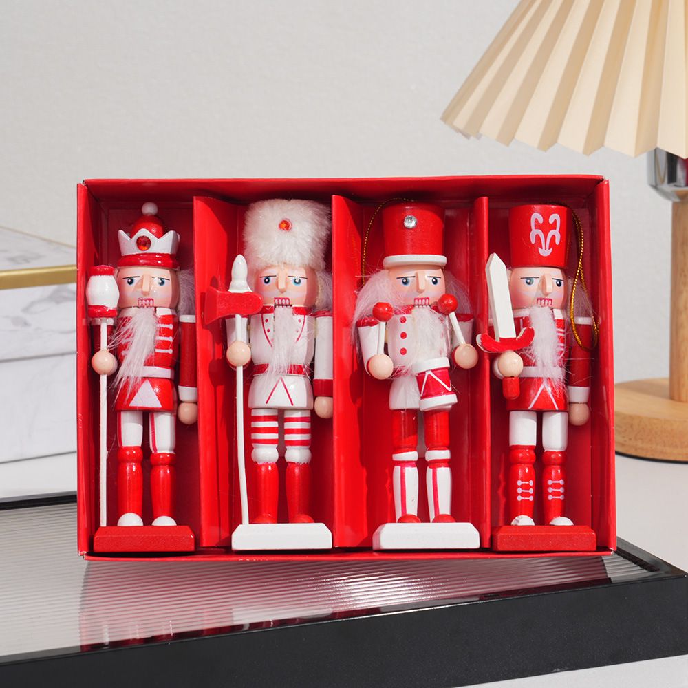 4-Piece Christmas Nutcracker Soldier Set - 12.5cm Wooden Puppet Ornaments with Gift Box - Red 5826
