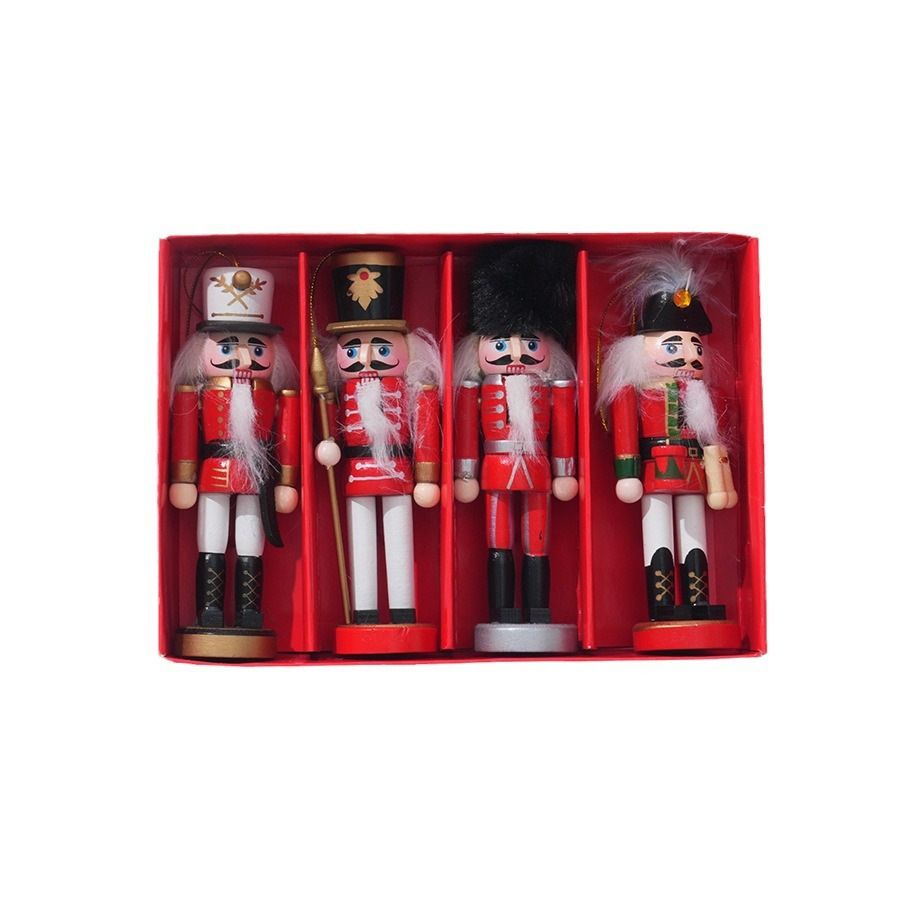 4-Piece Christmas Nutcracker Soldier Set - 12.5cm Wooden Puppet Ornaments with Gift Box - Red Feather 5813