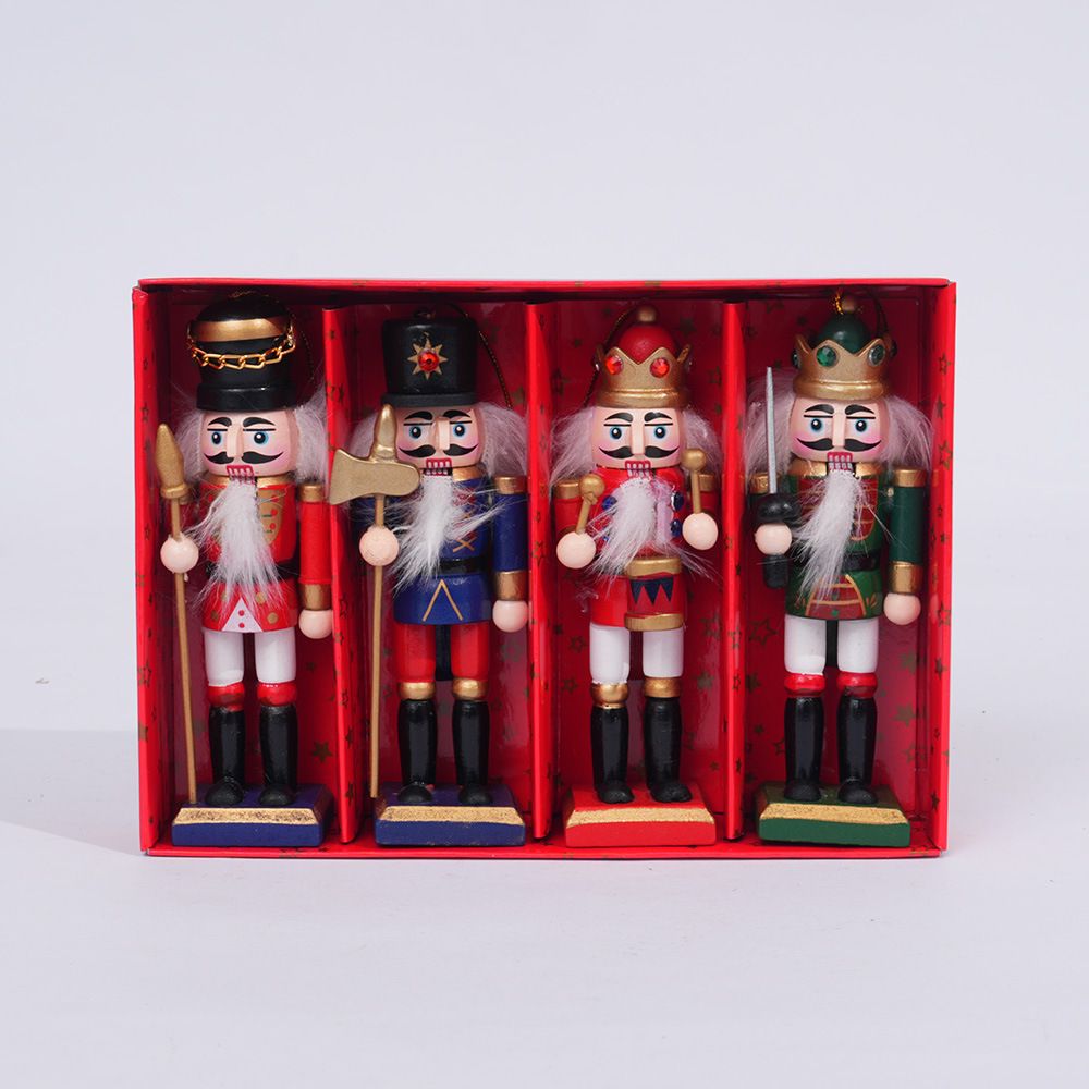 4-Piece Christmas Nutcracker Soldier Set - 12.5cm Wooden Puppet Ornaments with Gift Box - Red Green 5811