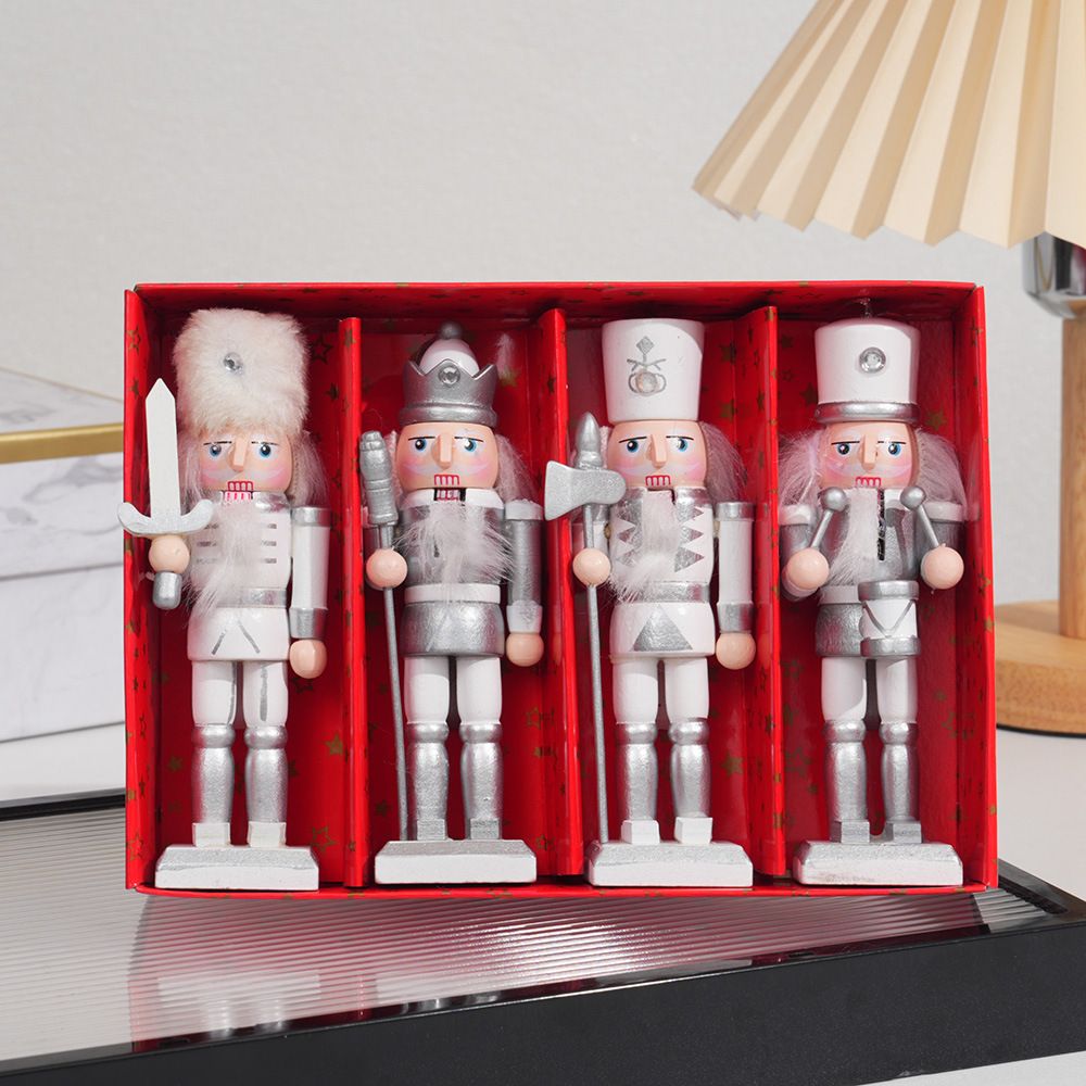 4-Piece Christmas Nutcracker Soldier Set - 12.5cm Wooden Puppet Ornaments with Gift Box - Silver 5809