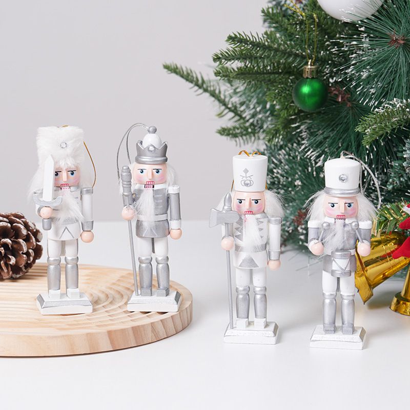4-Piece Christmas Nutcracker Soldier Set - 12.5cm Wooden Puppet Ornaments with Gift Box - Silver 5809