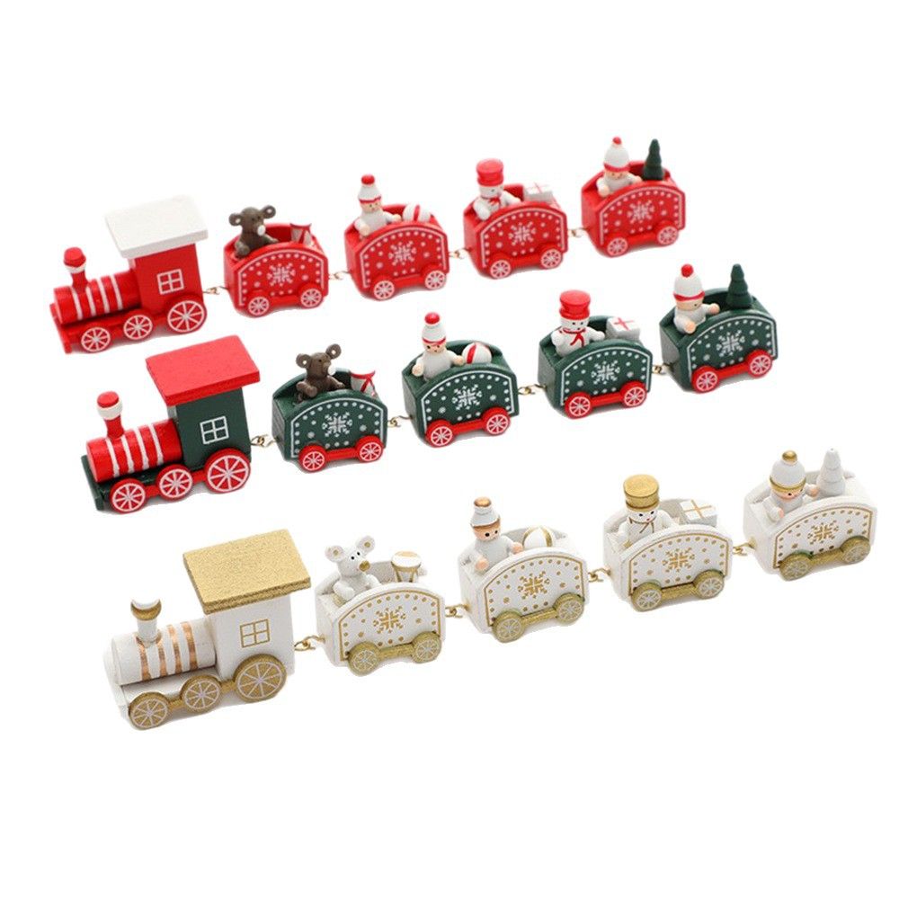 Christmas Wooden Train Ornament Set 2-Pack - 5-Piece Mini Train Decor for Tabletop Scene Layout - White