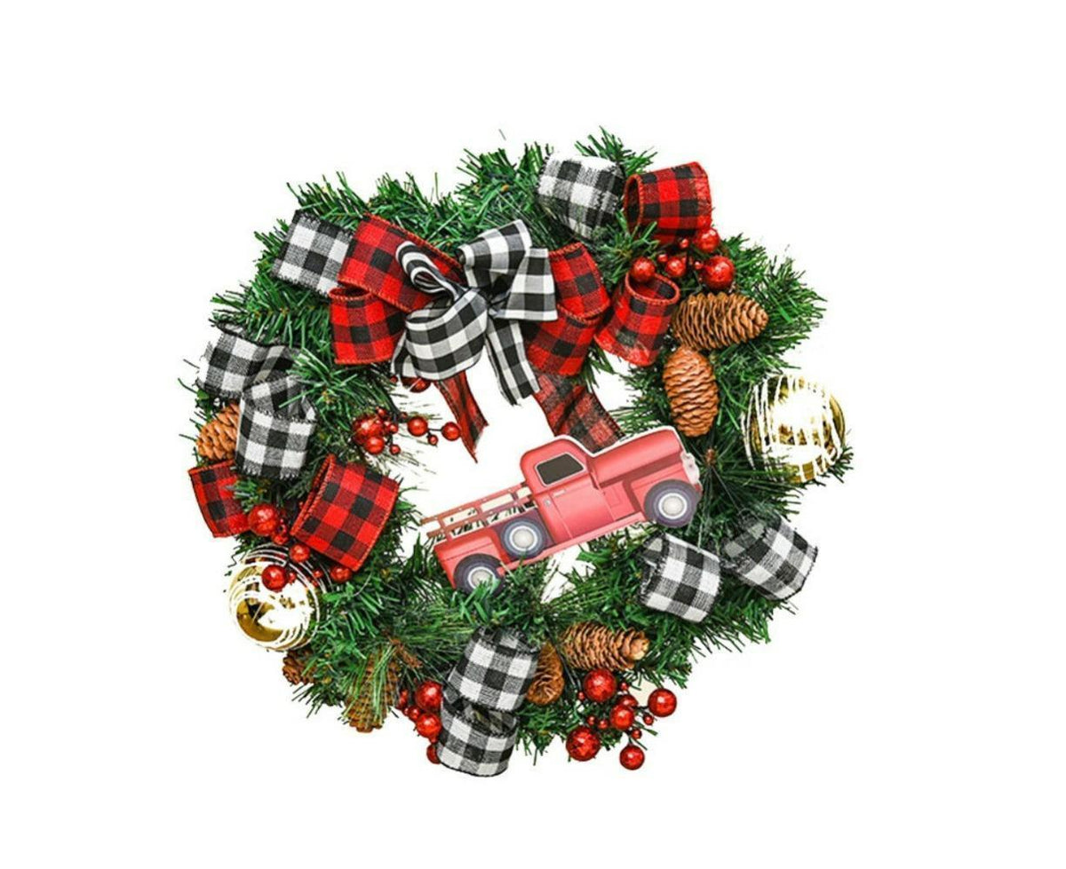 Christmas Decoration Wreath for Front Door, Wall Hanging Snowball Red Berry Pine Cone Garland Ornament for Xmas Party Indoors and Outdoors Home Decor -38cm