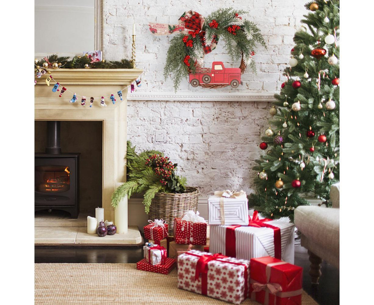 Christmas Wreath Front Door Wreath Decoration Red Truck Wreath Fall Farmhouse Wreath Indoor Outdoor, Artificial Wreath Welcome Wreath Retro Plaid Bow-Knot
