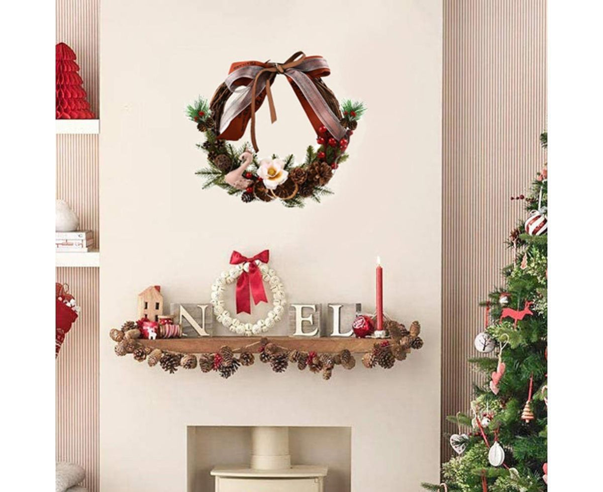 Farmhouse Wreath Boho Wreath, Artificial Pine & Golden Bell Wreath, Tree Hanging Garland Holiday Wreath