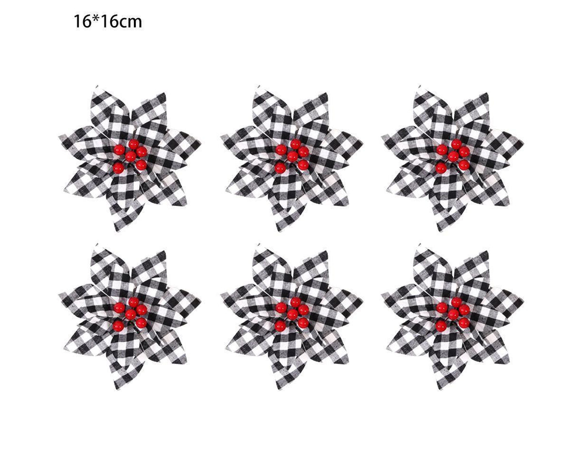 6 Pcs Christmas Plaid Flower Xmas Tree Ornaments For Vintage Xmas Tree Wreaths Wedding Holiday Decor,Black And White Plaid