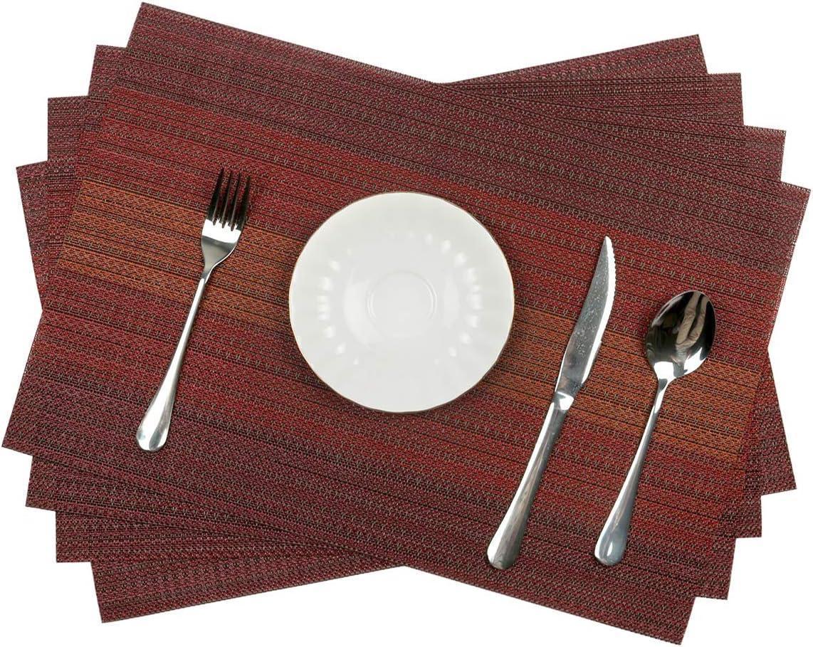 Placemats Set Of 6 For Dining Table Washable Woven Vinyl Placemats Non-Slip Heat Resistant Kitchen Table Mats Easy To Clean (Set Of 6)- Red