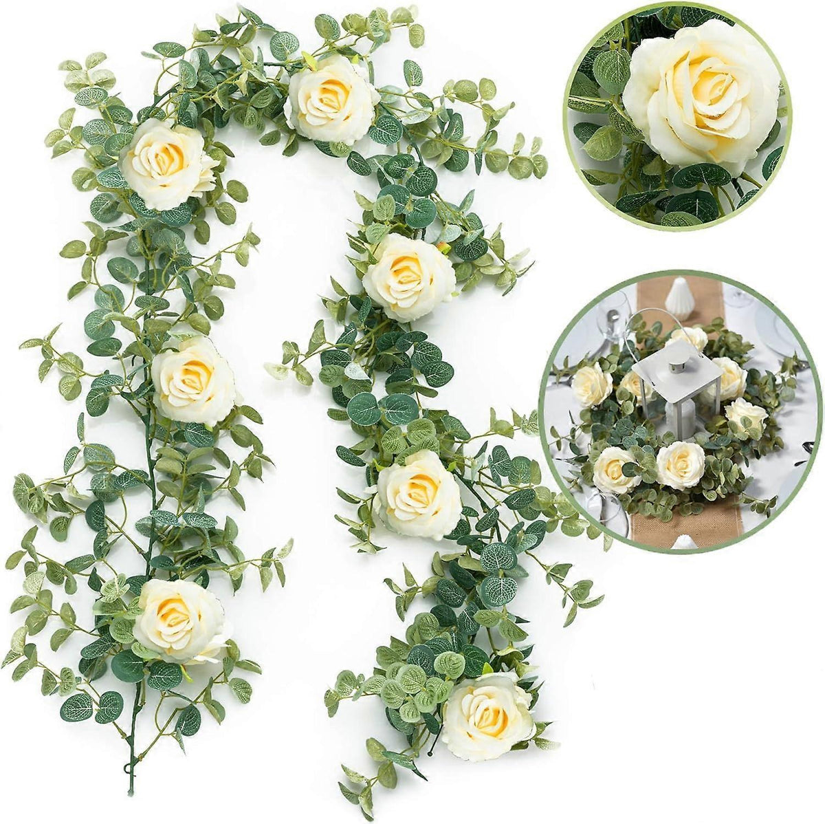 Artificial Eucalyptus Garland with Flowers Champagne Roses Long Fake Flower Garland Eucalyptus Leaves Greenery Garland
