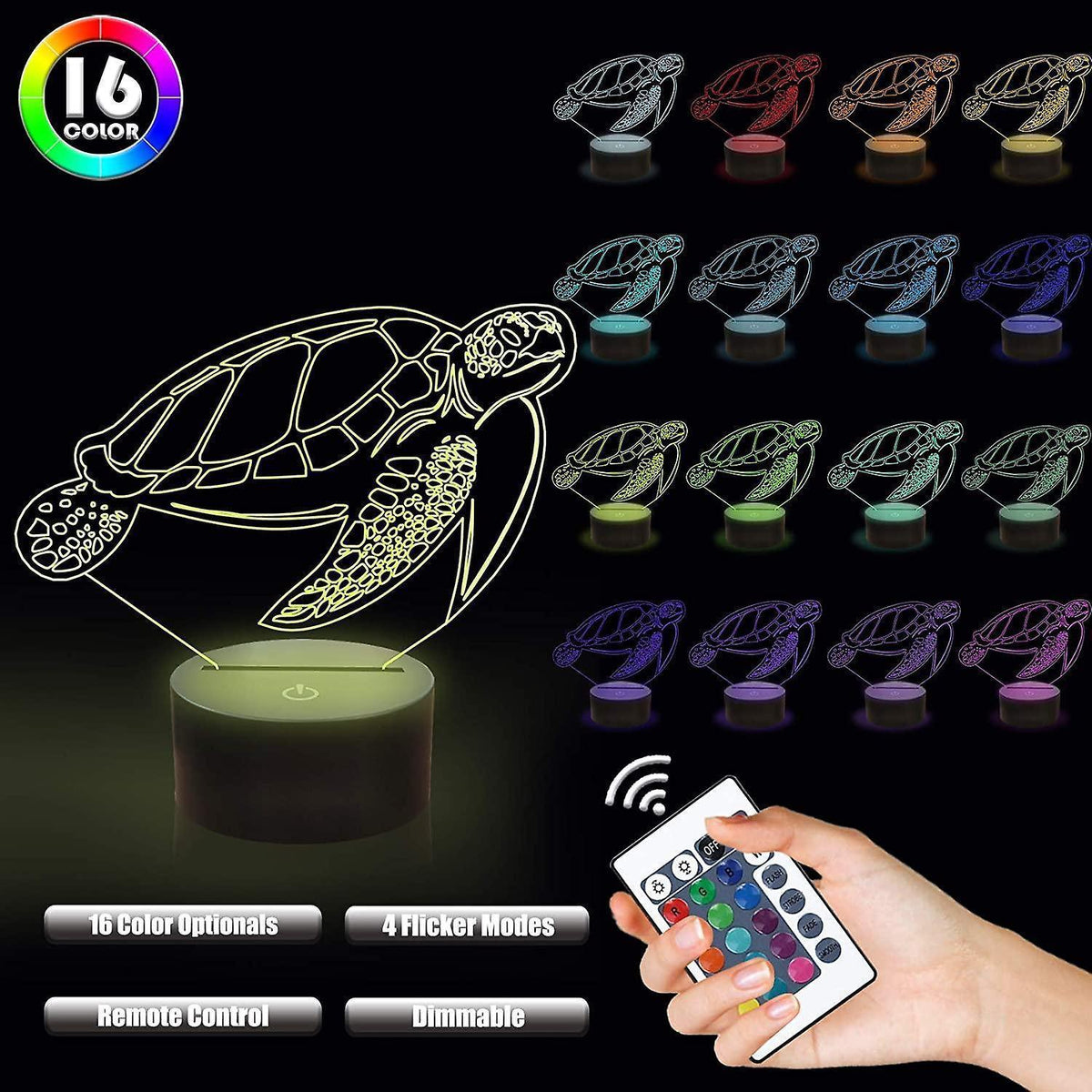 3D Turtle Night Light Optical Illusion Lamp with 1
