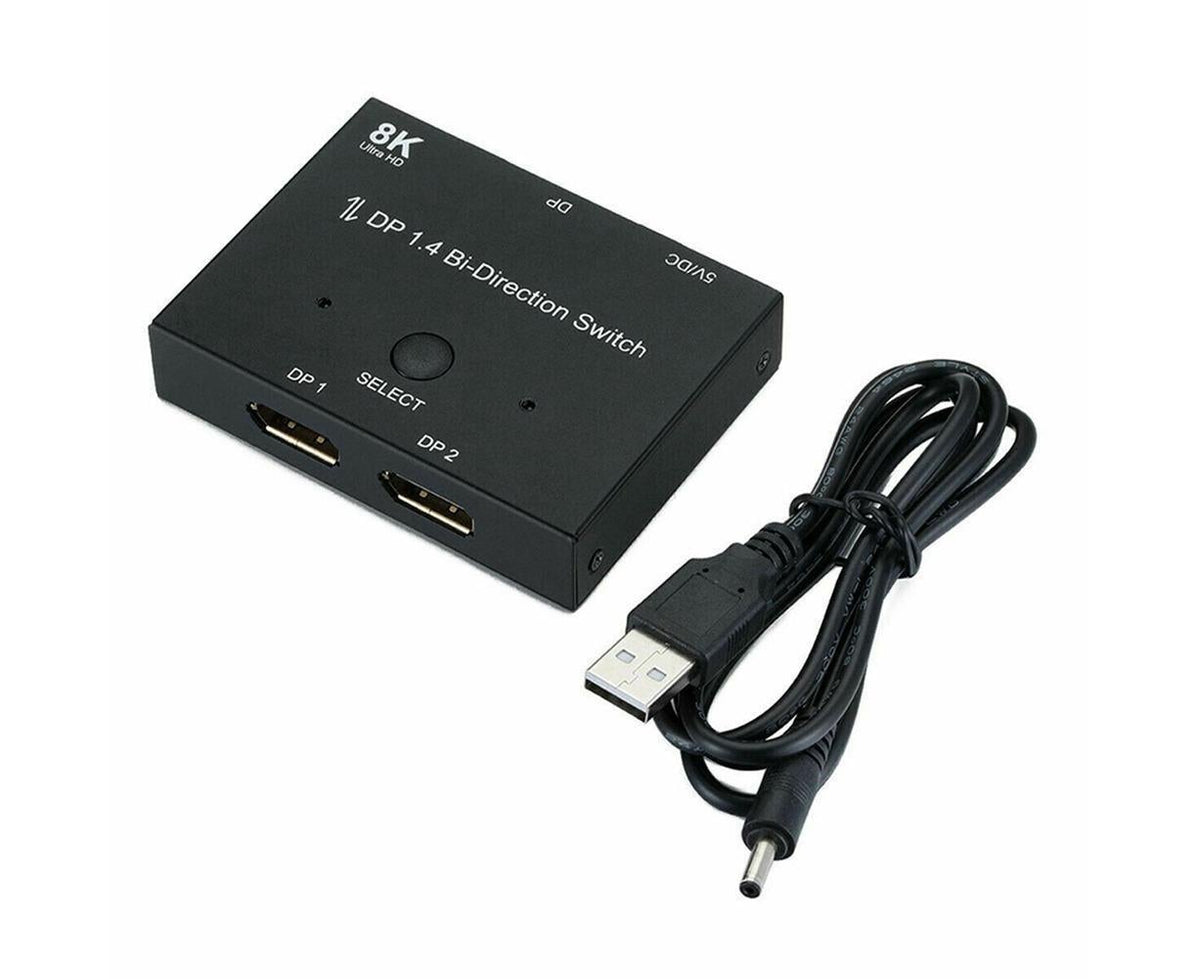 8K DP 1 In 2 Out Displayport Splitter Switch for HDTV Graphics Card Computer - Black