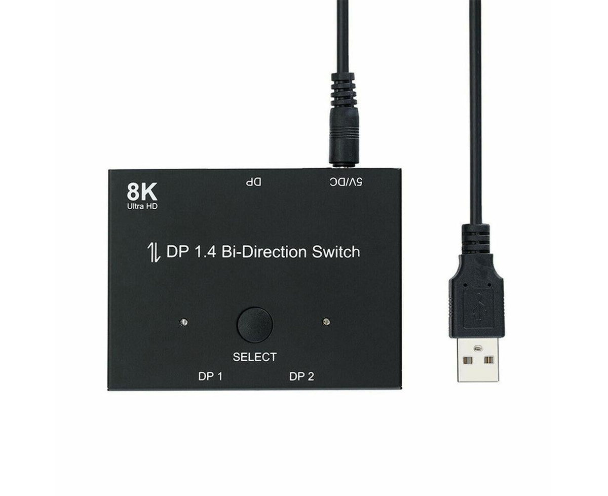 8K DP 1 In 2 Out Displayport Splitter Switch for HDTV Graphics Card Computer - Black
