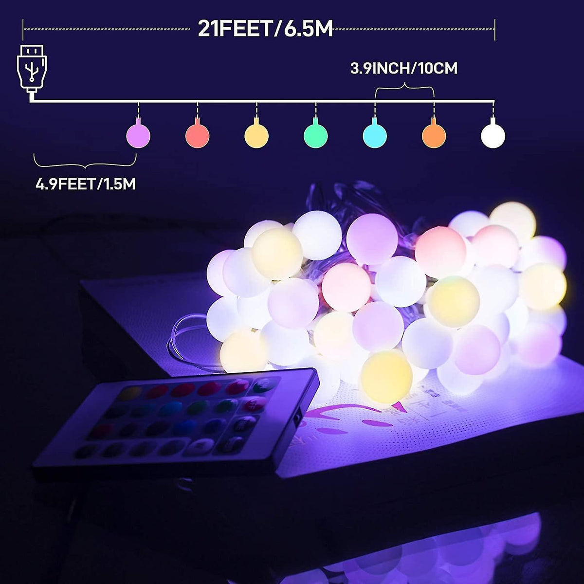 50 LED Globe Ball String Lights, 16 Colors, Remote Control Indoor Decor