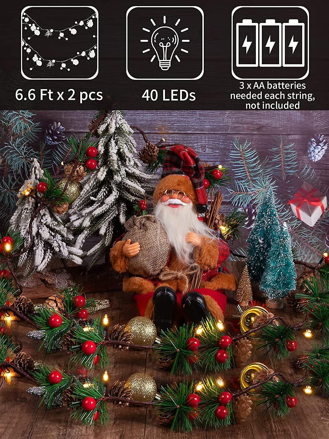 3M 30 LED Pinecone String Lights, Battery Powered, Xmas Red Berries Decor (2 Pack)