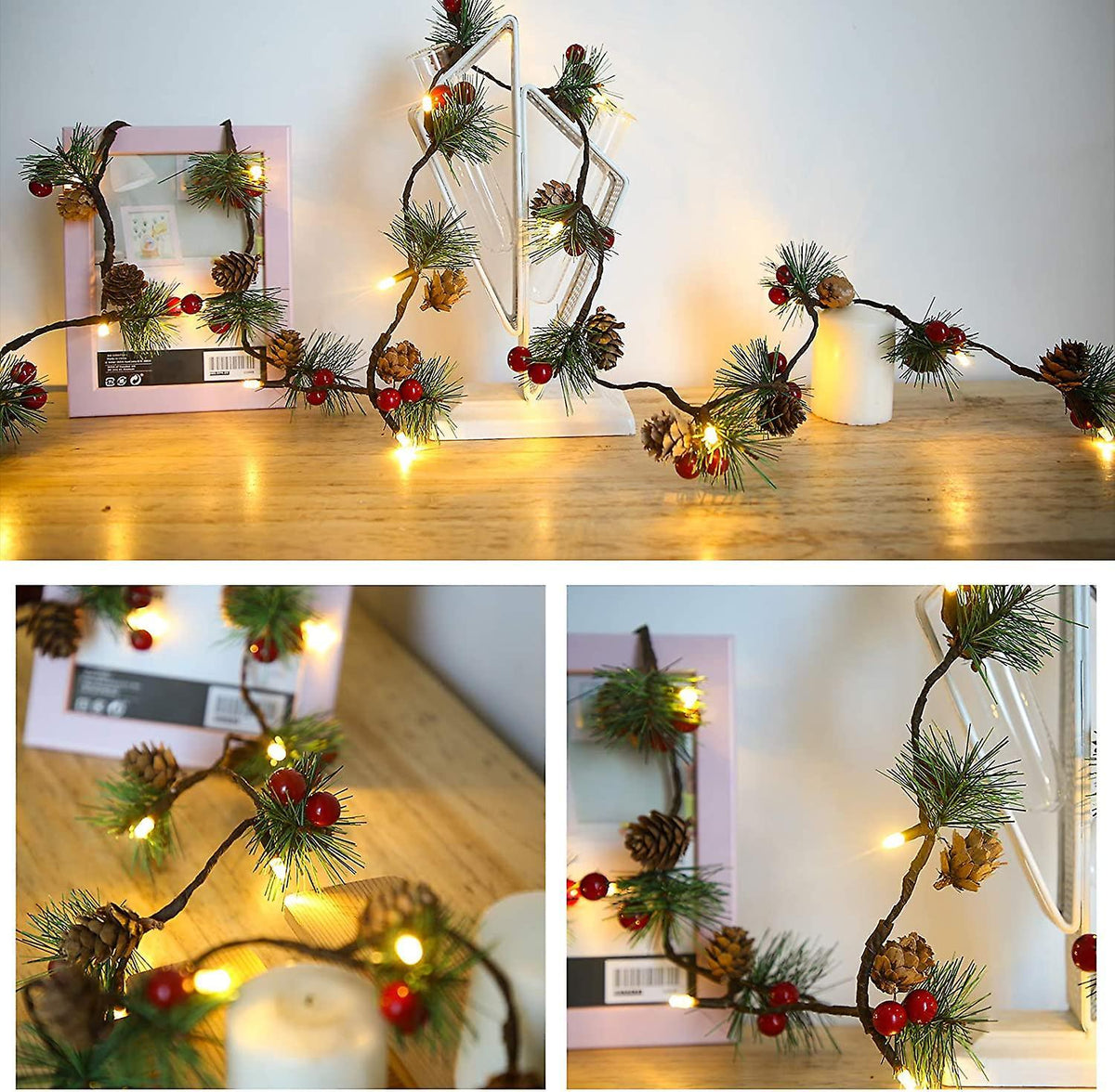 3M 30 LED Pinecone String Lights, Battery Powered, Xmas Red Berries Decor (2 Pack)