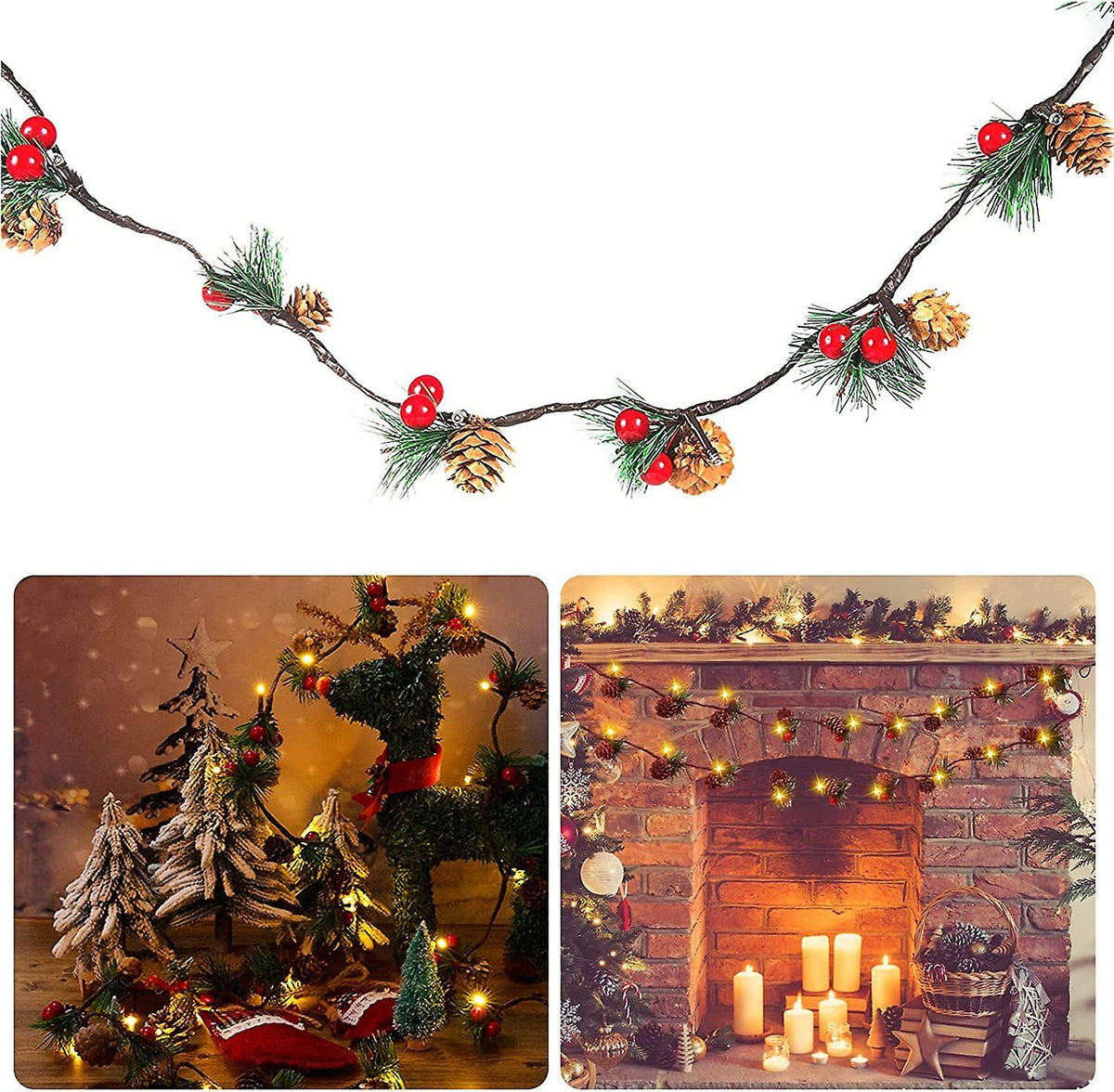 3M 30 LED Pinecone String Lights, Battery Powered, Xmas Red Berries Decor (2 Pack)