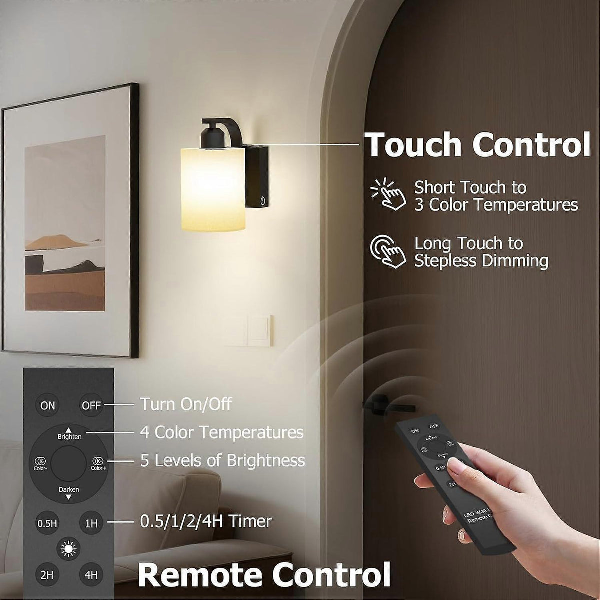 Battery Operated Wall Sconces Set of 2, Rechargeable LED, Touch & Remote Control, Black