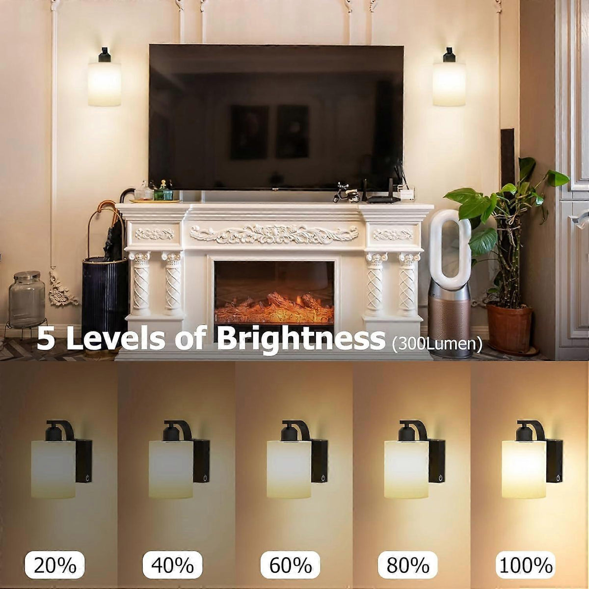 Battery Operated Wall Sconces Set of 2, Rechargeable LED, Touch & Remote Control, Black