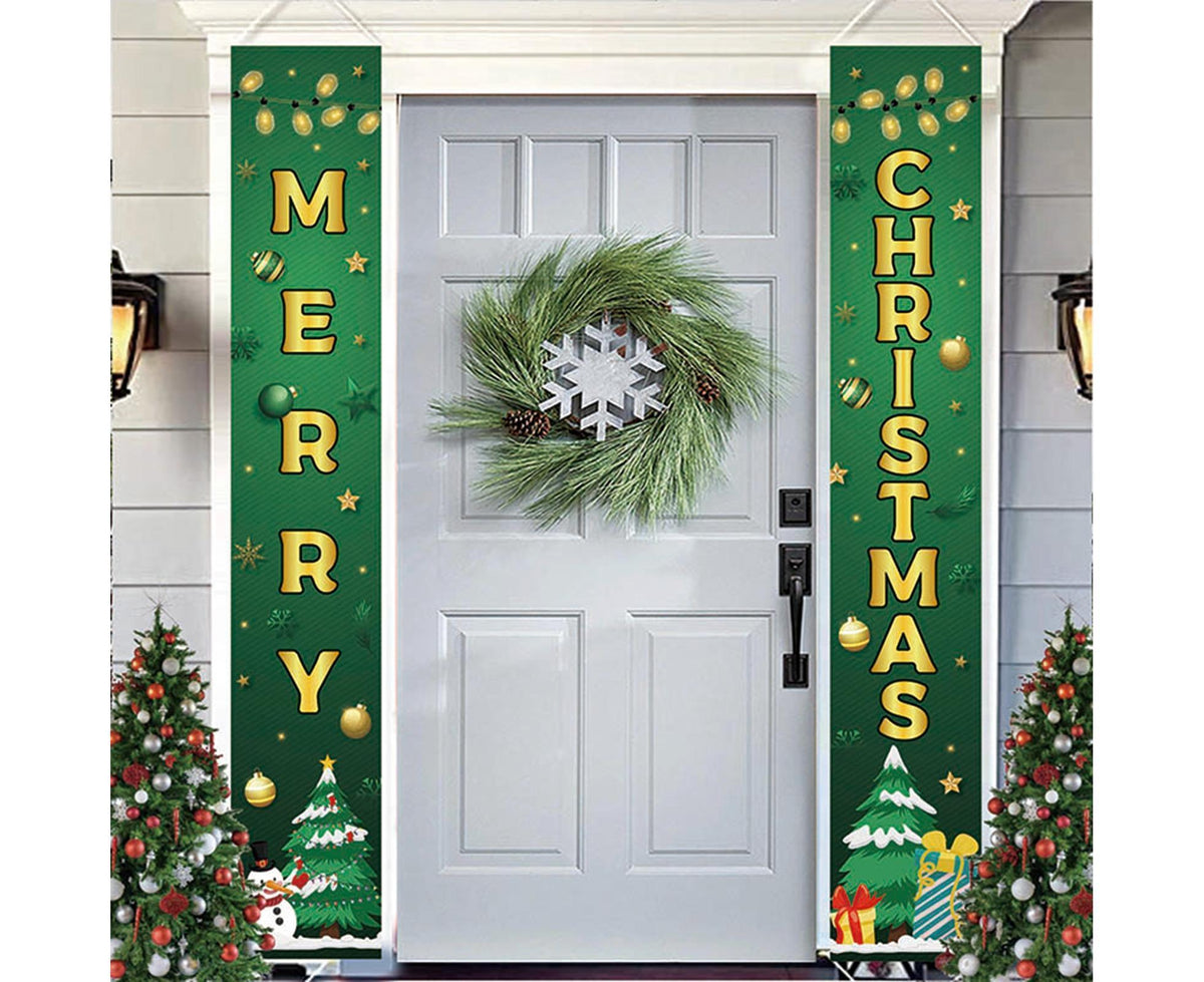 1 Pair Christmas Couplet Scene Layout Thicker Xmas Porch Sign Hanging Banner Party Supplies-Green