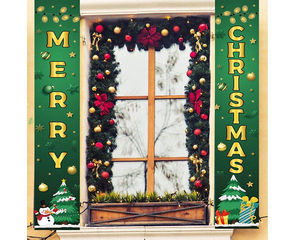 1 Pair Christmas Couplet Scene Layout Thicker Xmas Porch Sign Hanging Banner Party Supplies-Green