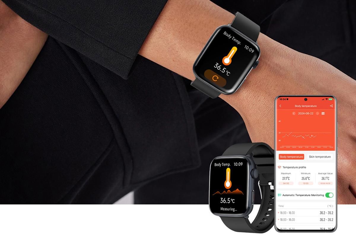 Smart Watch 1.85-Inch Fitness Watch with Heart Rate Noninvasive Blood Sugar Monitor HRV Detection Body Temperature SOS Call Activity Tracker-Black