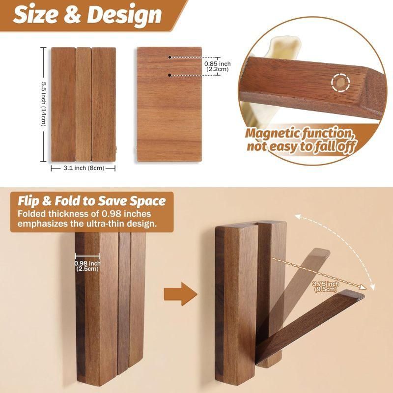 2PCS Foldable Retro Wooden Wall Hooks, Space Saving for Hats Bags Towels, Brown