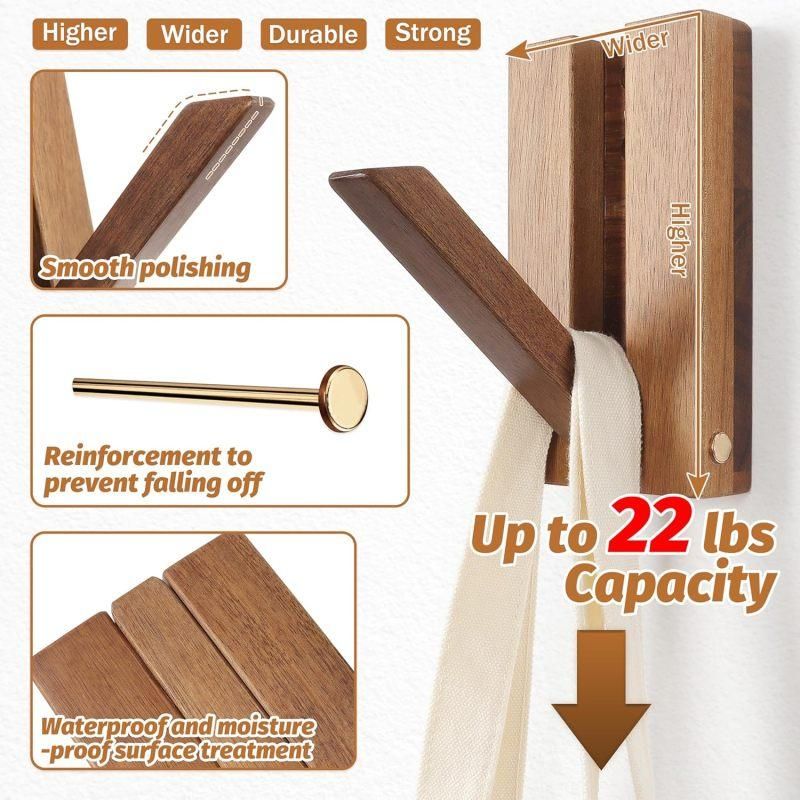 2PCS Foldable Retro Wooden Wall Hooks, Space Saving for Hats Bags Towels, Brown