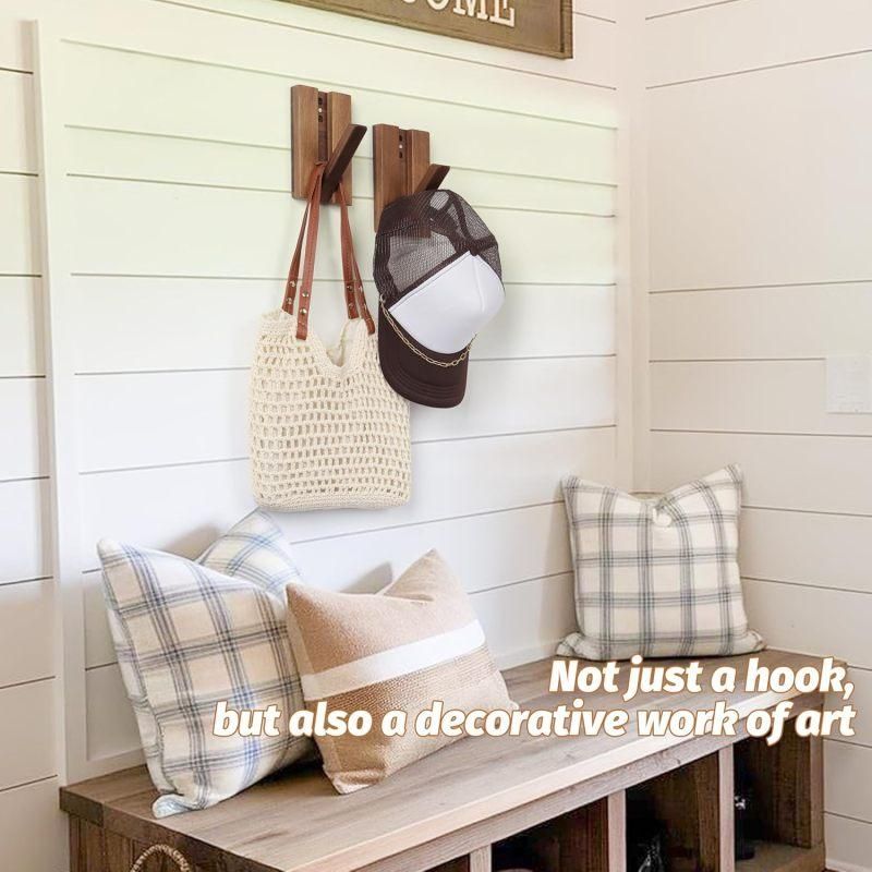2PCS Foldable Retro Wooden Wall Hooks, Space Saving for Hats Bags Towels, Brown