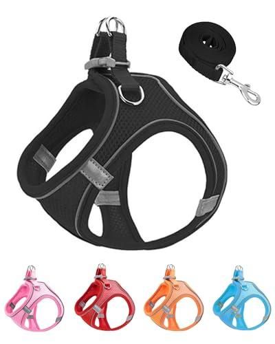 Dog Harness Leash Set Reflective Soft Mesh No Pull Pet Vest Black - 2XS