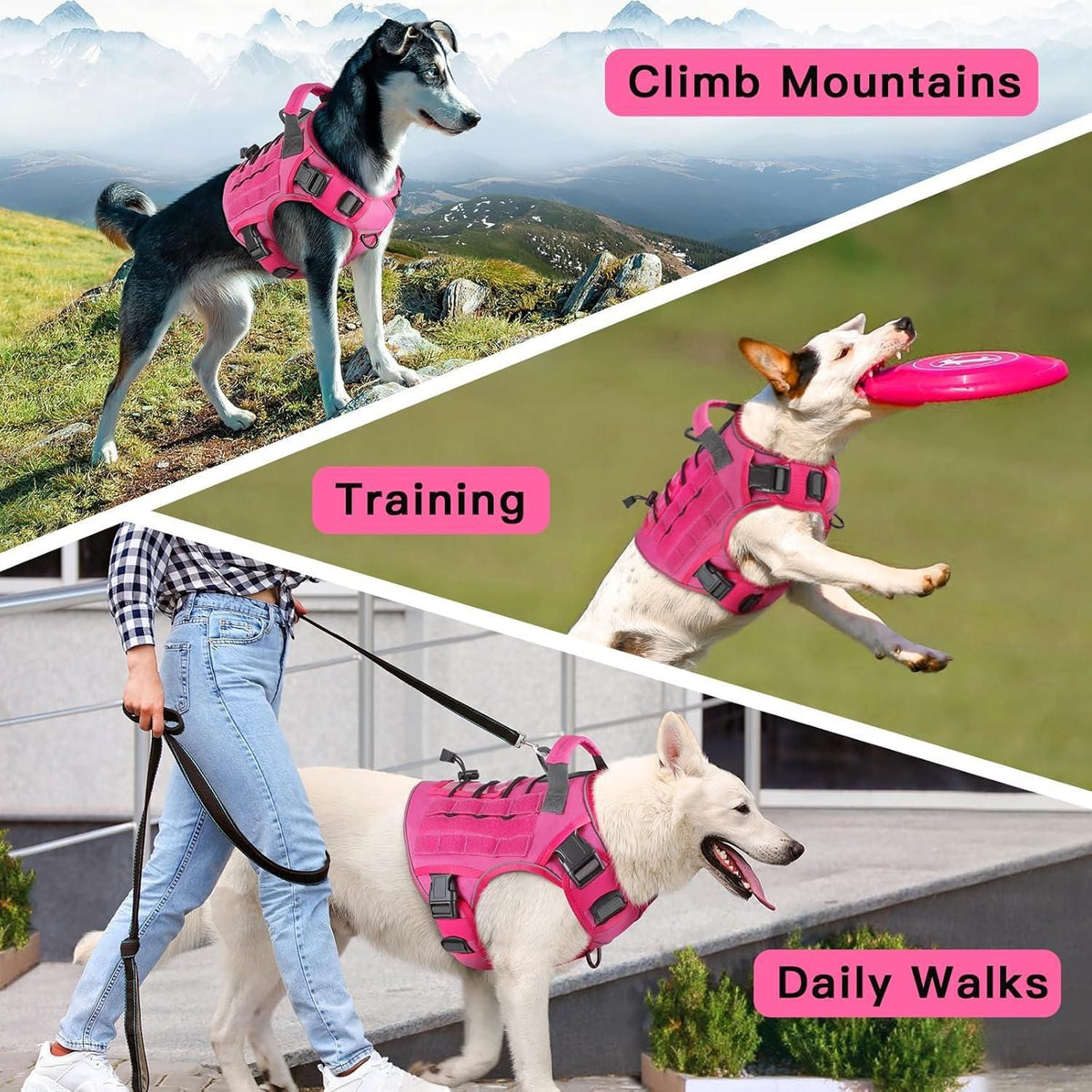 Dog Harness Large Dog No Pull Reflective Adjustable Pet Vest with Handle - Rose Red L