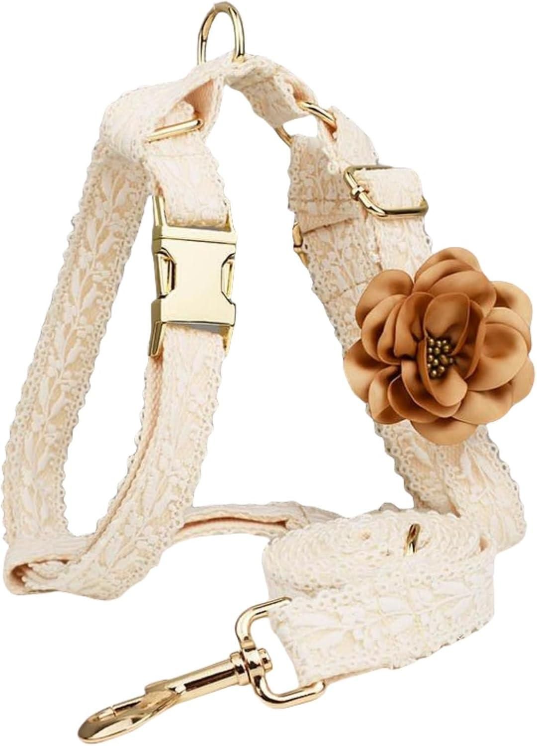 Pet Harness Leash Set Lace Embroidered Escape Resistant Adjustable White S