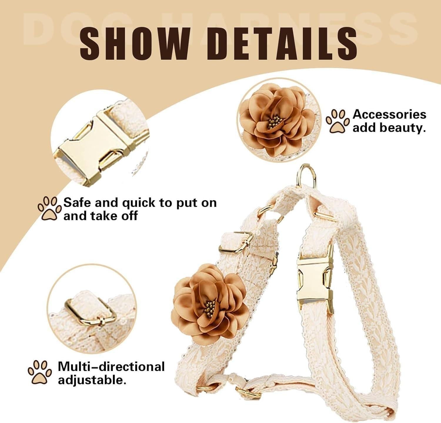Pet Harness Leash Set Lace Embroidered Escape Resistant Adjustable White S
