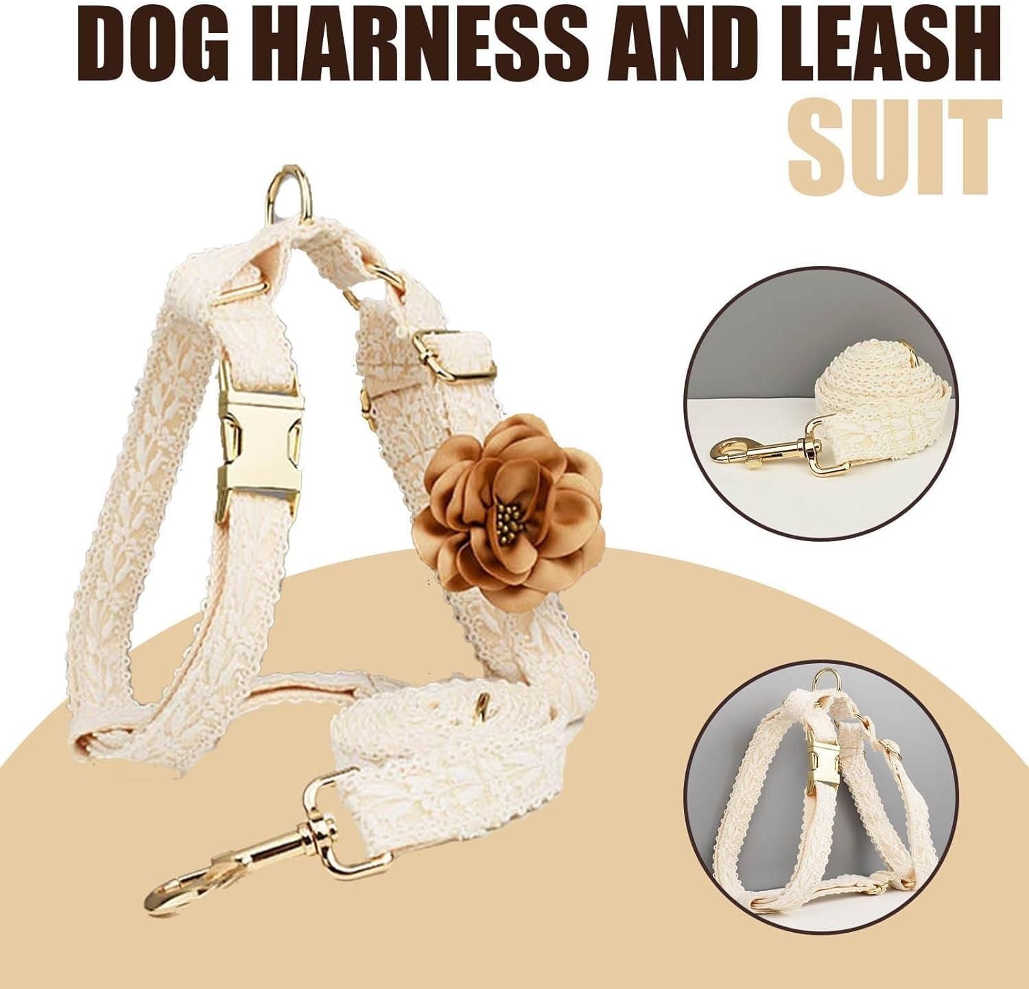 Pet Harness Leash Set Lace Embroidered Escape Resistant Adjustable White L