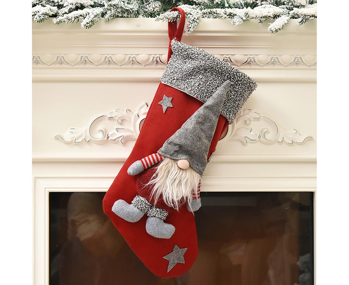Doll Design Christmas Stocking with Lanyard Flannel New Year Candy Xmas Stocking Tree Decoration-Red