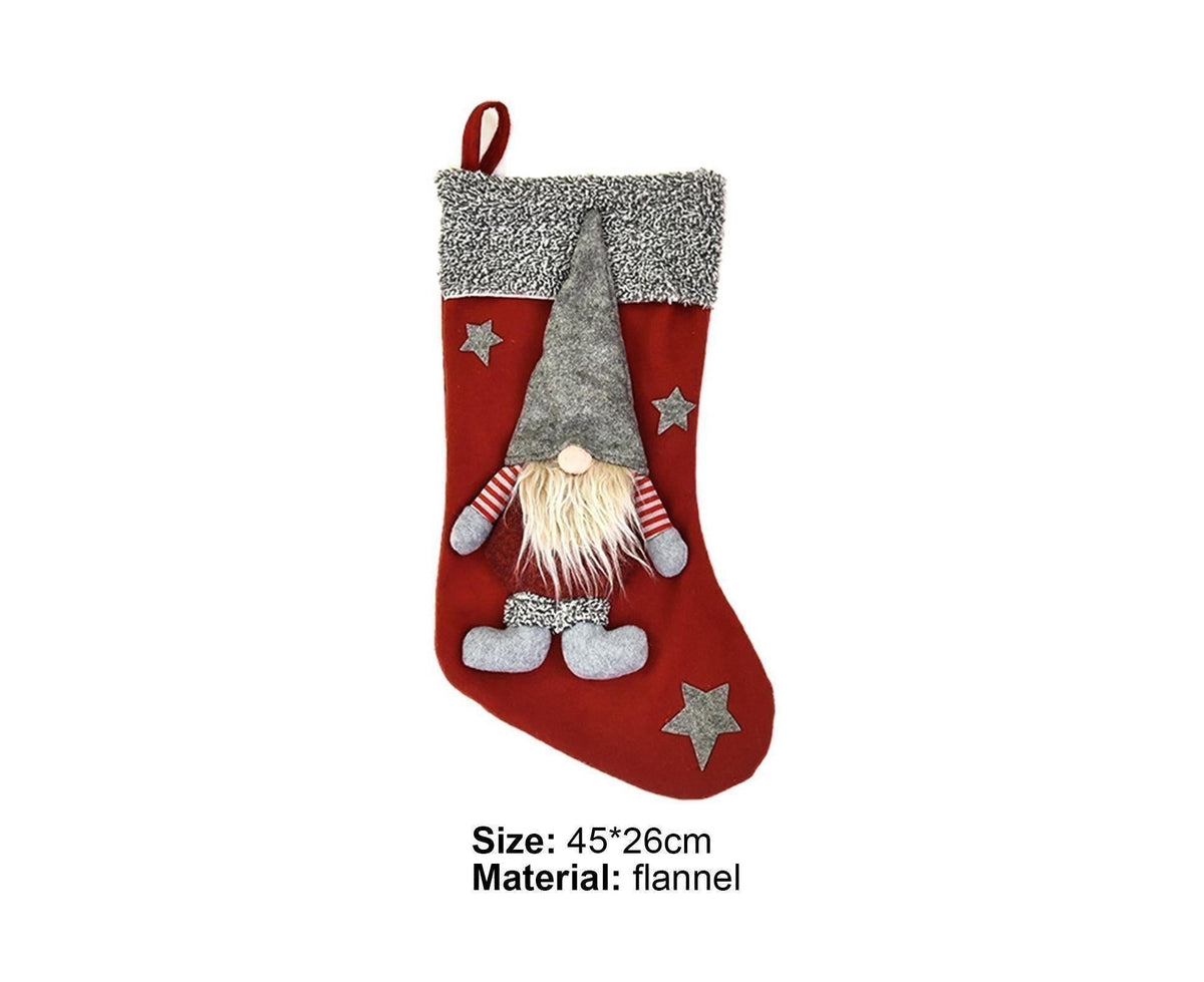 Doll Design Christmas Stocking with Lanyard Flannel New Year Candy Xmas Stocking Tree Decoration-Red