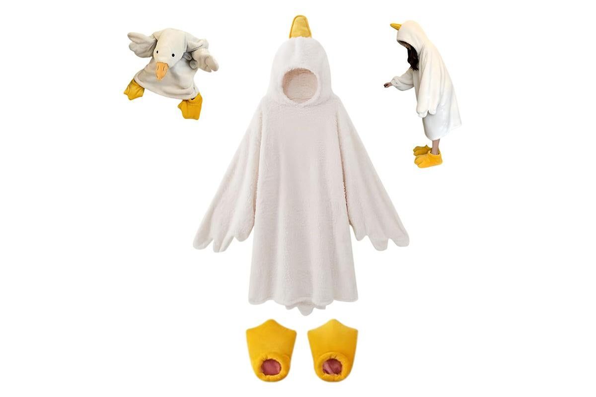 Cartoon Goose Hoodie Blanket Oversized Fleece Onesie for Sleep Lounging and Party - With Shoes& XL