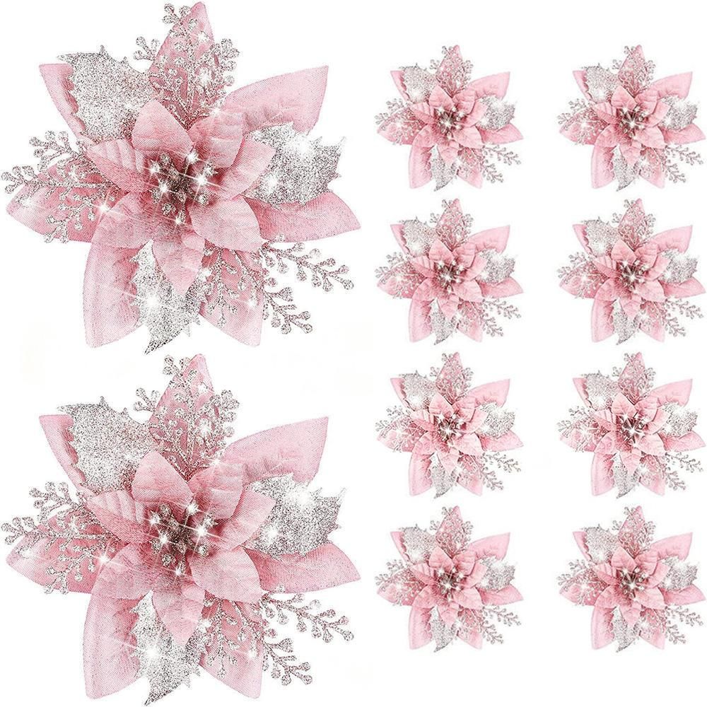 10Pcs Poinsettia Christmas Flowers Decoration for Xmas New Year Wedding - Pink