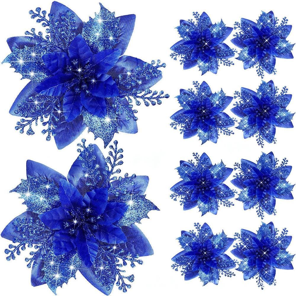 10Pcs Poinsettia Christmas Flowers Decoration for Xmas New Year Wedding - Blue