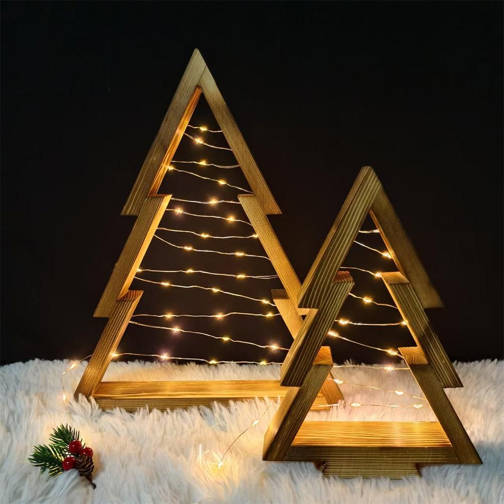 2 Pcs Triangle Tabletop Wooden Christmas Tree with Lights for Bedroom Kitchen Living Room Shelf Decor