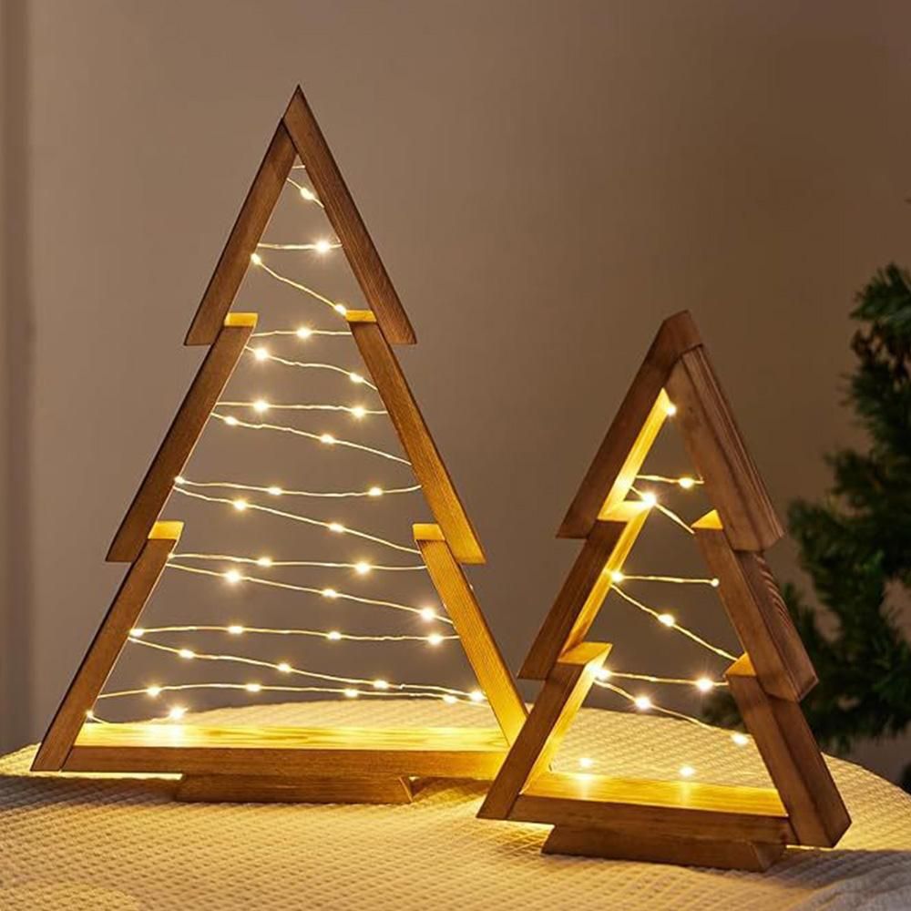 2 Pcs Triangle Tabletop Wooden Christmas Tree with Lights for Bedroom Kitchen Living Room Shelf Decor