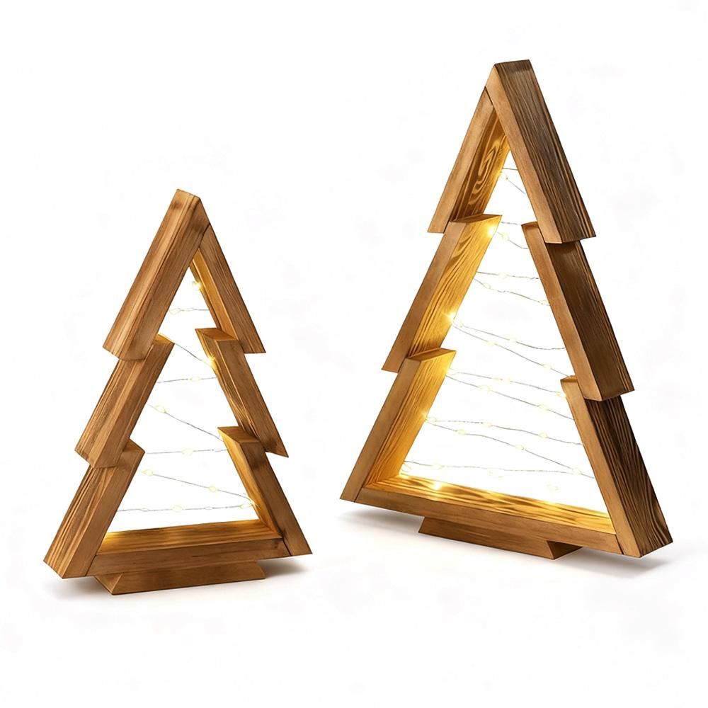 2 Pcs Triangle Tabletop Wooden Christmas Tree with Lights for Bedroom Kitchen Living Room Shelf Decor