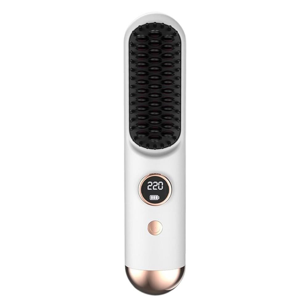2-in-1 Portable Cordless Hair Straightening Brush LCD Display Travel Styling Too - White