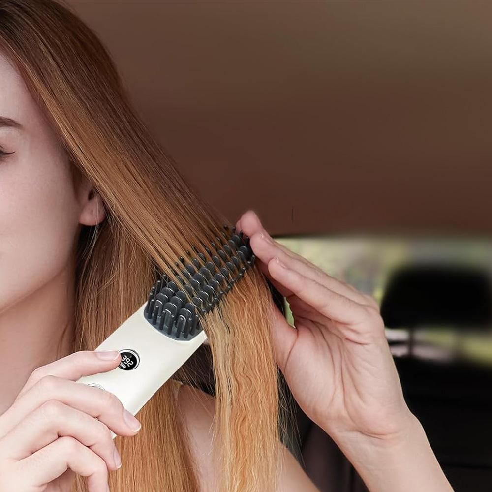2-in-1 Portable Cordless Hair Straightening Brush LCD Display Travel Styling Too - White