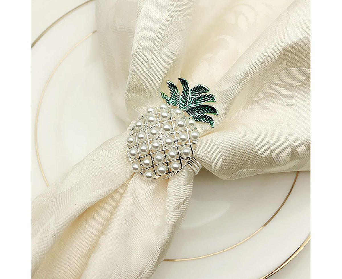 6Pcs Napkin Rings Pineapple Shape Faux Pearl Beaded Restaurant Hotel Table Decor-Silver
