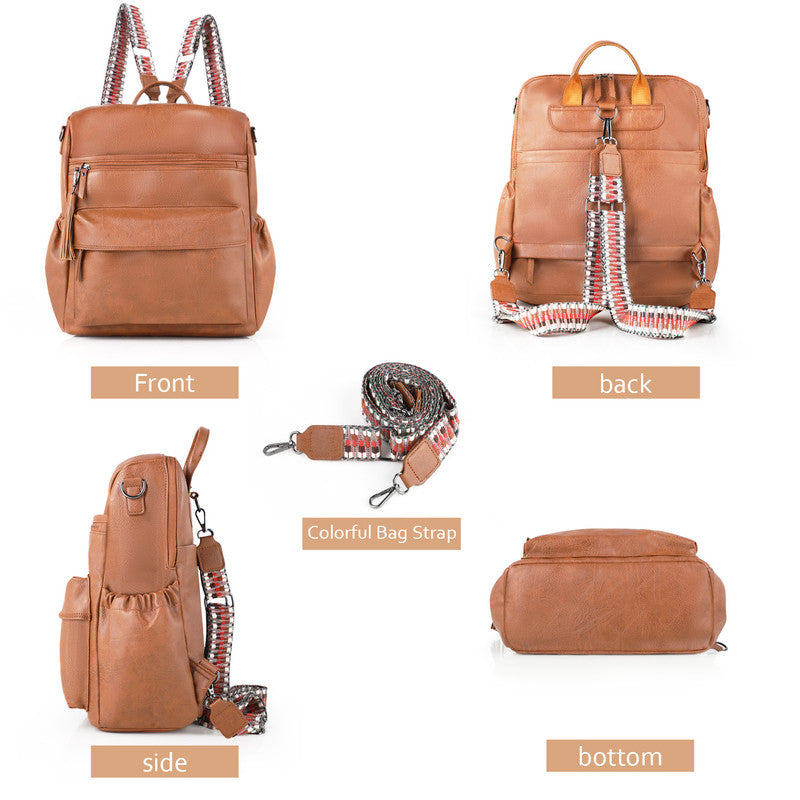 Coffee Fashionable Large-Capacity Women's Backpack - Waterproof, Durable, High-Quality PU Leather - Travel Backpack - Vintage-Style PU Leather Backpack