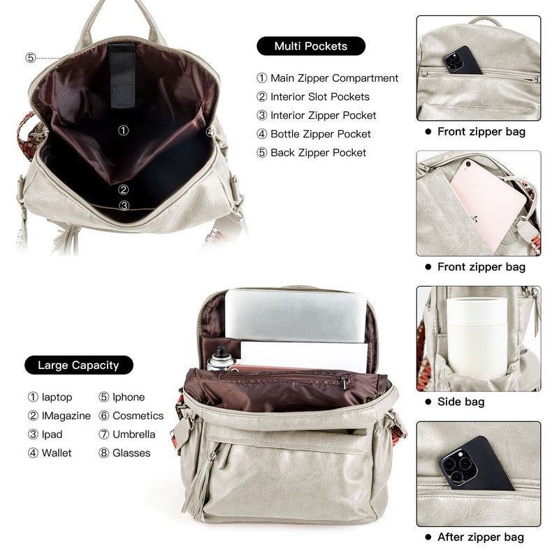 Grey Fashionable Large-Capacity Women's Backpack - Waterproof, Durable, High-Quality PU Leather - Travel Backpack - Vintage-Style PU Leather Backpack